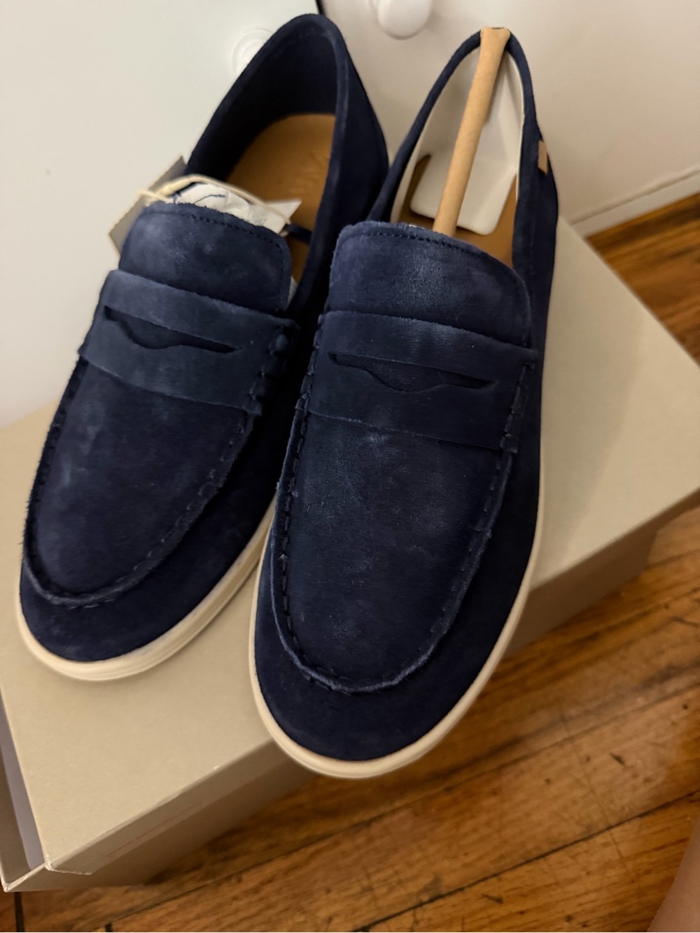Zara Navy Blue Suede Kids Penny Loafers with White Sole